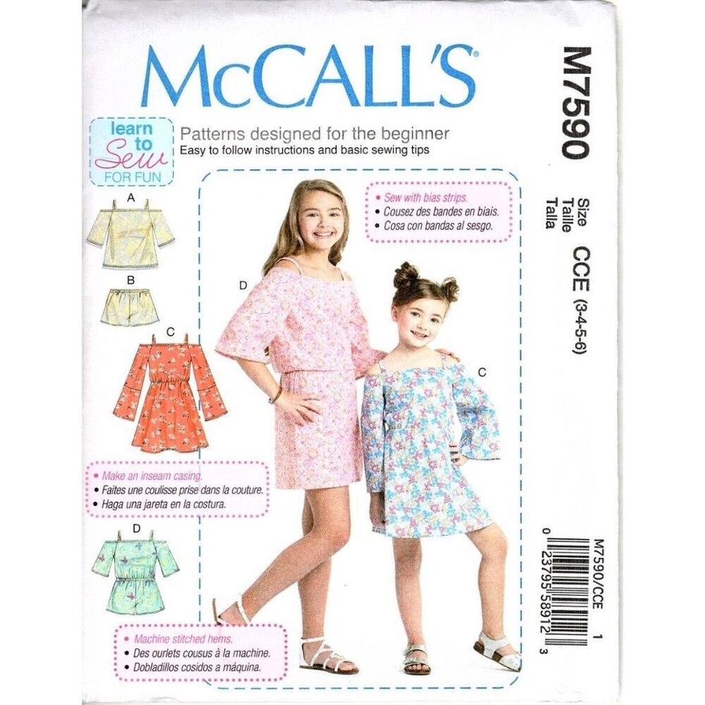 McCalls M7590 Girls 3 to 6 Top Shorts and Romper Uncut Sewing Pattern New